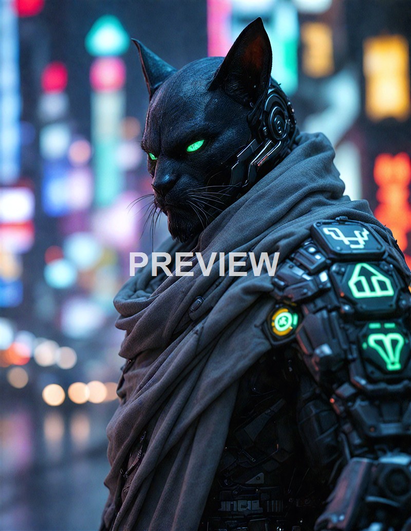 A humanoid figure with a black cat's head featuring glowing green eyes, dressed in futuristic armor and a grey scarf, set against a vibrant, neon-lit cityscape background.
